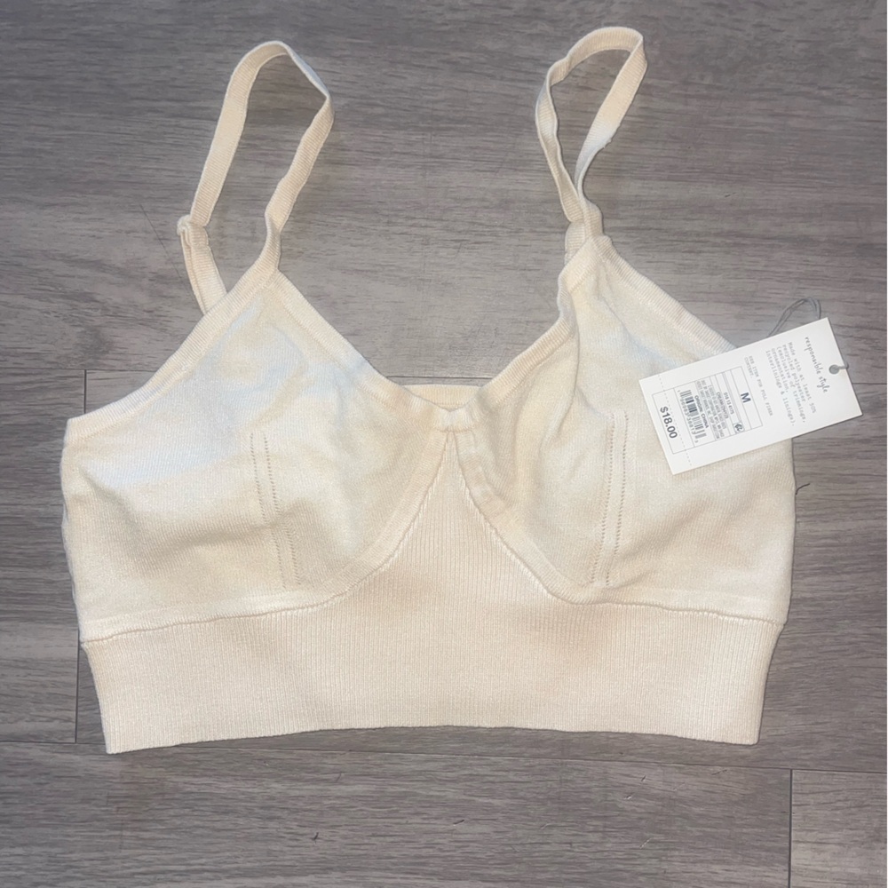 A new day cream cropped polyester blend tank top bralette top with stitching